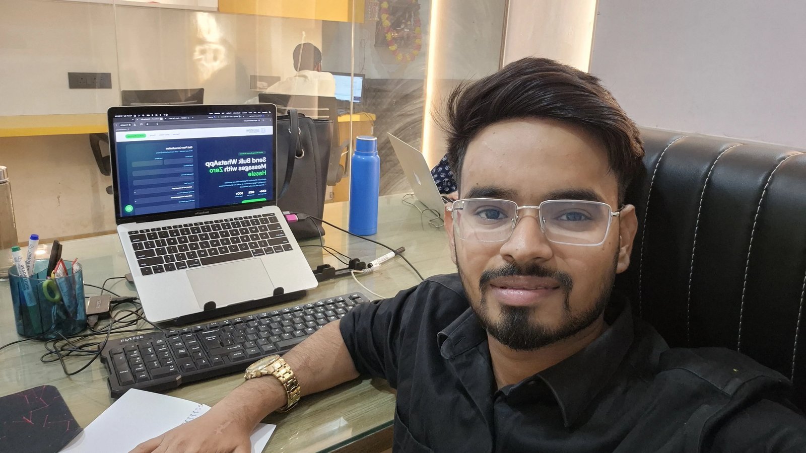 Tanishq Tiwari at his workstation building bulk WhatsApp product